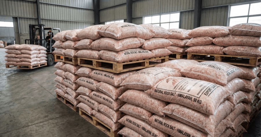 Palletised 50kg bags of Himalayan rock salt