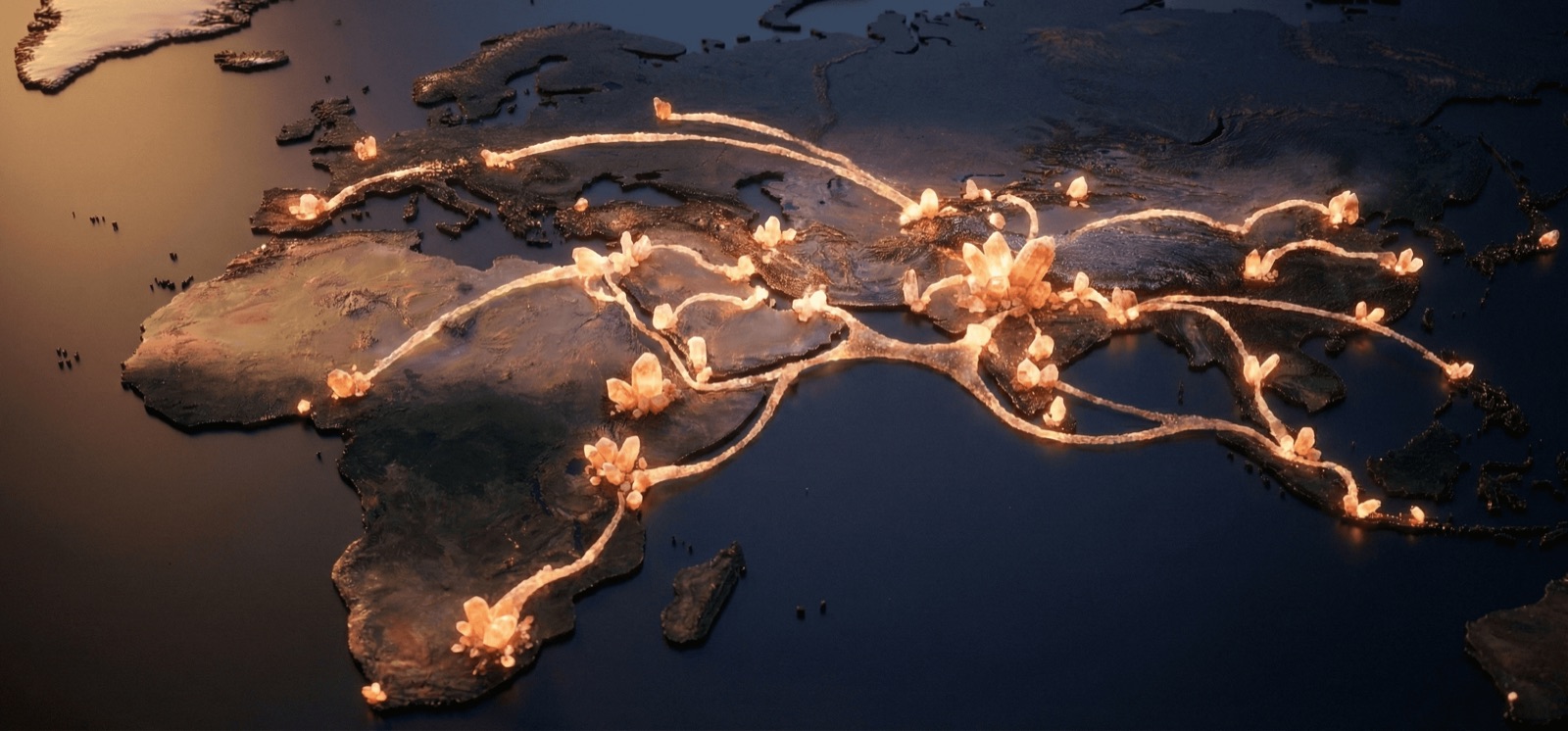 Illuminated global trade routes across Africa, the Middle East and Asia