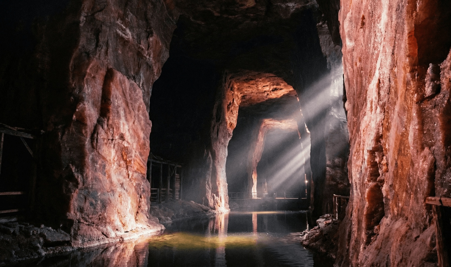 Interior of the Khewra salt mine with light shafts
