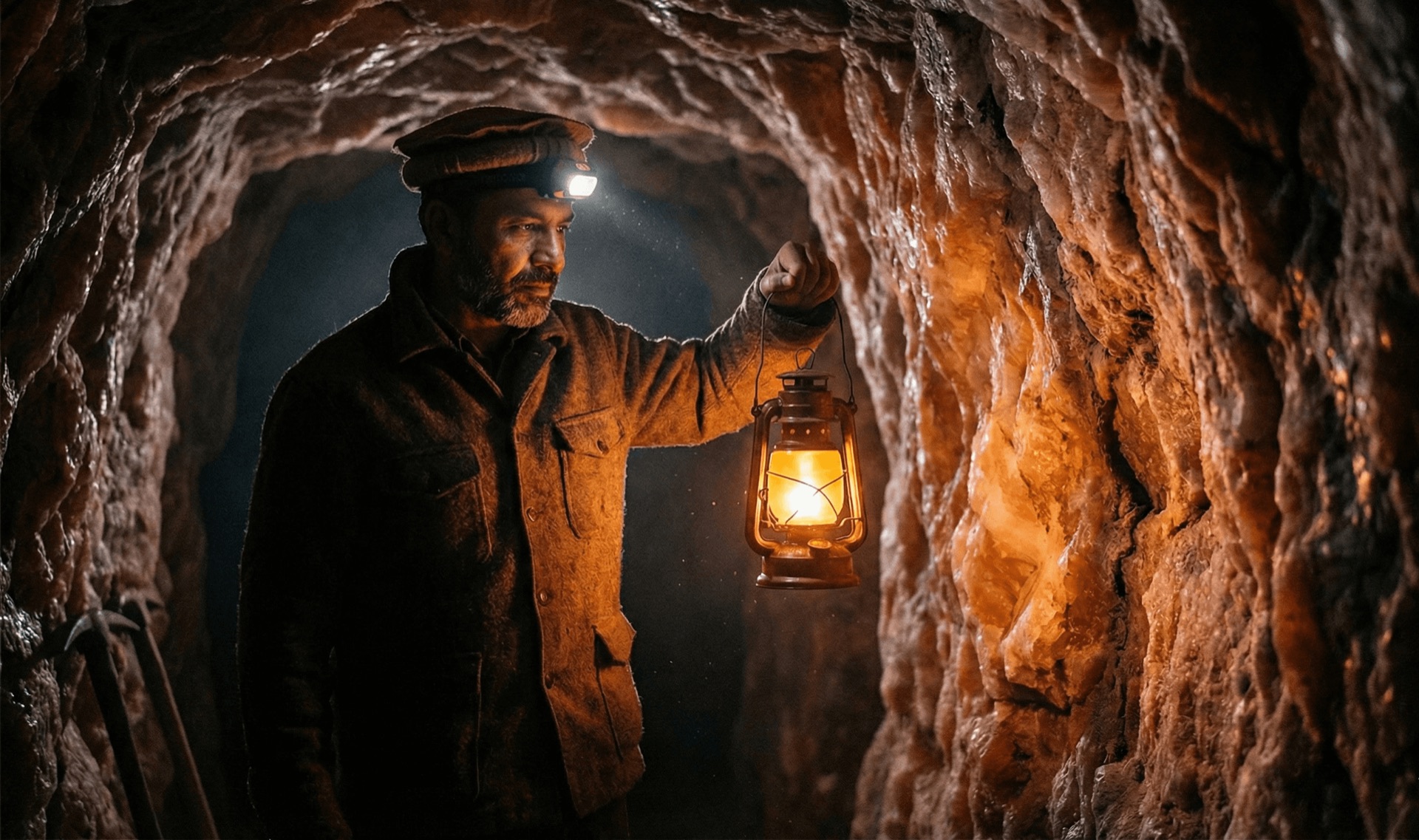 Miner with a lantern inside a salt tunnel