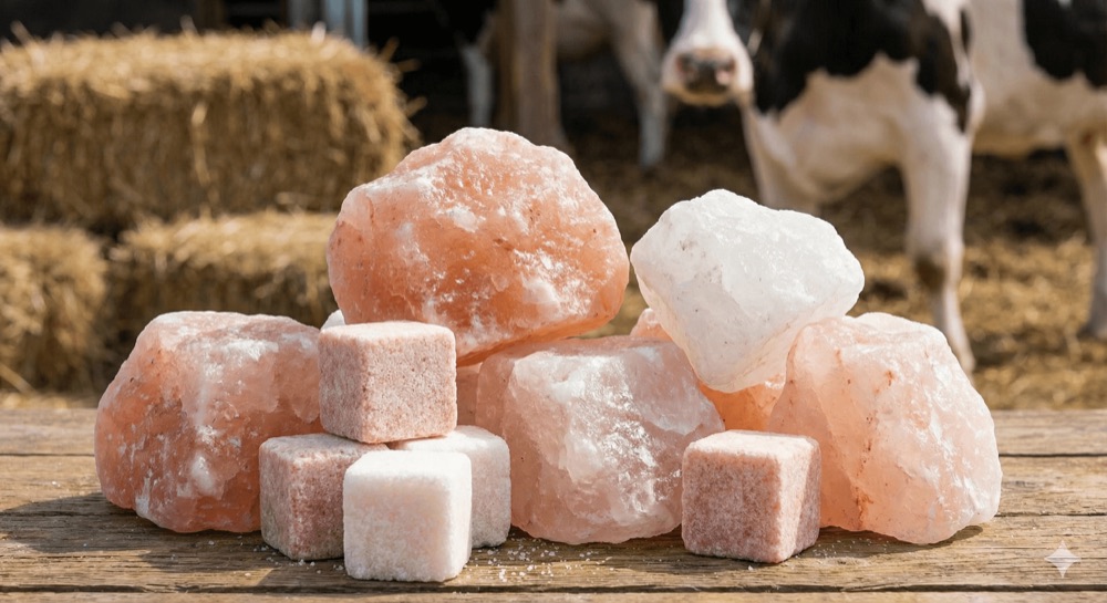 Salt lick lumps and compressed cubes with cattle behind