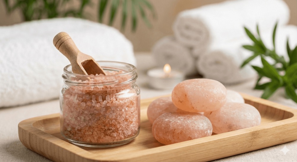Bath salt granules and spa stones on a wooden tray