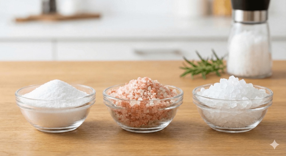 Bowls of fine, pink and coarse crystal salt