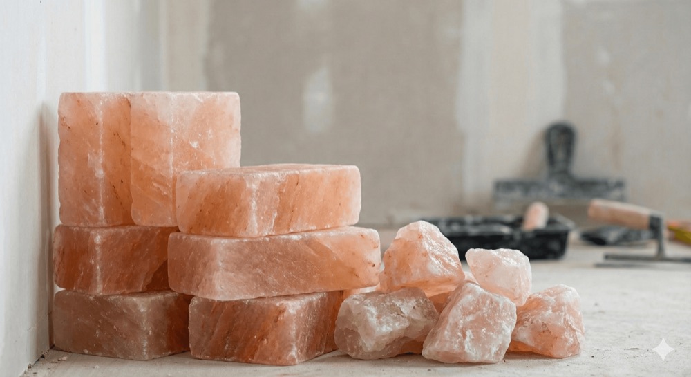 Stacked Himalayan salt bricks and raw material